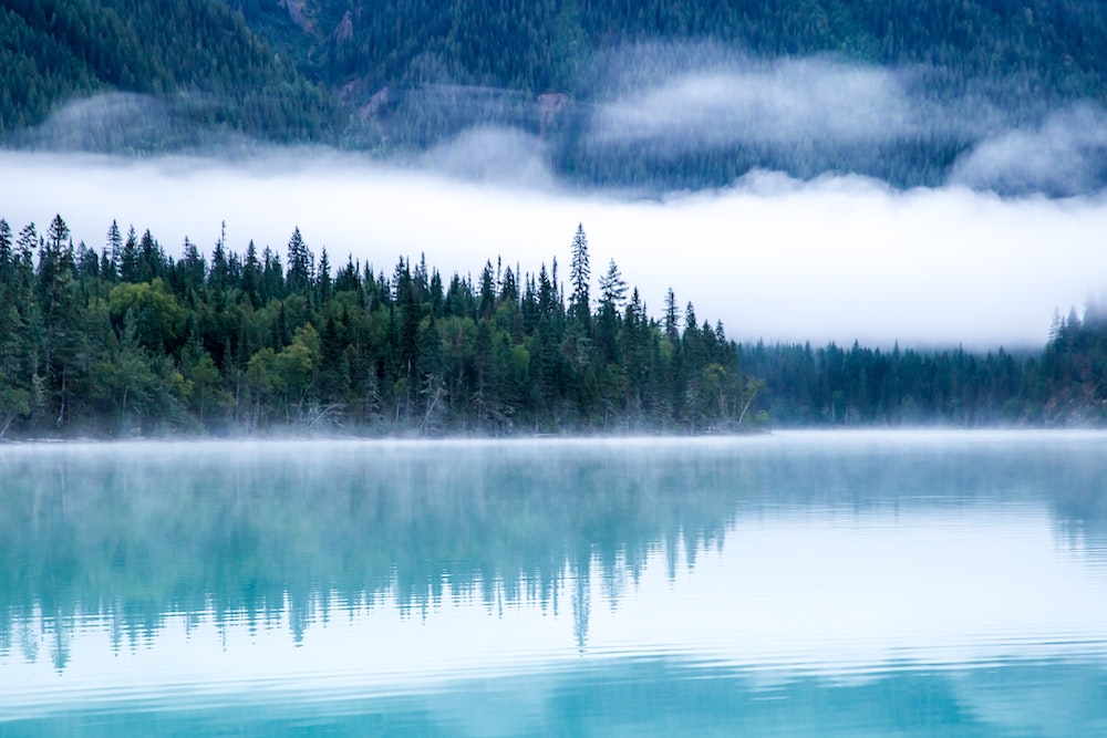 Mountain lake with fog